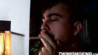 Cute young smoker works on his stiff dick and spunks