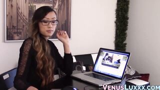 Adorable Asian shemale solo masturbates in her office