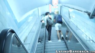 Young Latino sprays cum while riding big bare cock