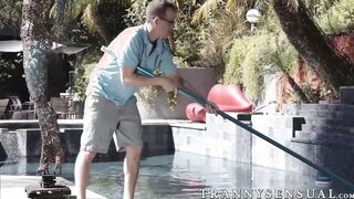 Sensual shemale Natalie Mars seduces the big dick pool guy