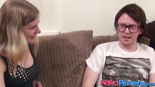 Busty UK hottie sensually sucking nerds swollen cock