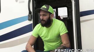 Inked stud barebacks gay stepson before creampie