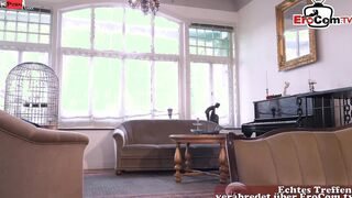 Slender ebony haired Milf with silicone boobs seduce the craftman