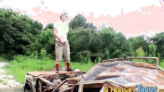 Skinny straight guy Sean Johansen solo masturbates outdoors