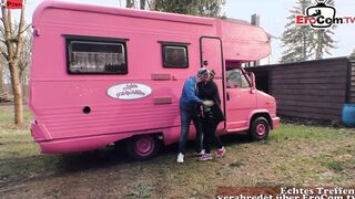 Natural ebony haired hoe with tiny melons banged inside the camper van
