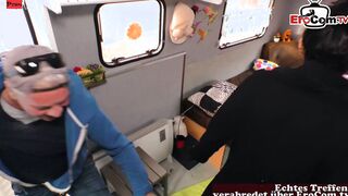 Natural ebony haired hoe with tiny melons banged inside the camper van