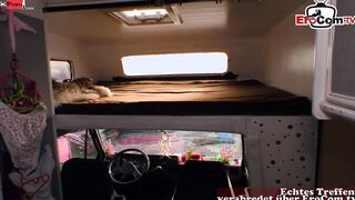 Natural ebony haired hoe with tiny melons banged inside the camper van