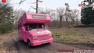 Natural ebony haired hoe with tiny melons banged inside the camper van