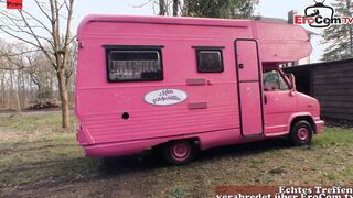 Natural ebony haired hoe with tiny melons banged inside the camper van