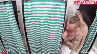 HORNY HOSTEL - Huge Titted Step Sister Angel Wicky Fucks two Cocks In The Shower - LETSDOEIT