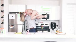 tiny blonde beauty chokes on a huge cock