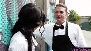 Stud waiter fucked horny shemale friend