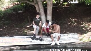 Two Latinos and a white guy fuck in bareback threesome