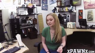 Horny babe sucks pawnshop sellers cock POV before riding it