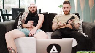 Old friends watching porn and jerkng off side by side