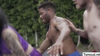 Hot Tgirl Eva Maxim gets analed by two guy in the court