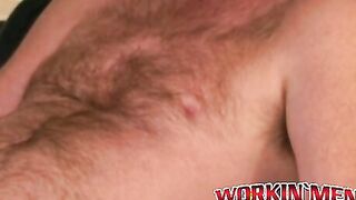 Hairy gay man tugs cock before anal play and cumshot
