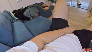 Stepmom comes on the sofa to her stepson to relax, but he starts to stick his dick in
