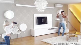 Masked hunk receives blowjob and bangs sexy chick  from behind