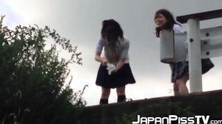 Schoolgirls from Japan peeing while taking a hike
