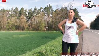 Sensual German bimbo during Sex into the Camper and public