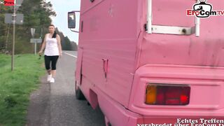 Sensual German bimbo during Sex into the Camper and public