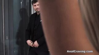 Secretary gags on dick before anal