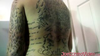 Tattoed Ivy jerks off his cock and drains his balls of cum