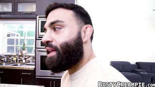 Nasty bigtitted MILF sucks cock and fucks in the kitchen