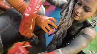 Two latex dominatrix sissy femdom anal fisting