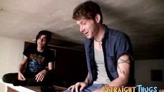 Two young straight thugs stroke their long dicks and cum