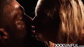 Interracial couple does sinful acts while water gently falls