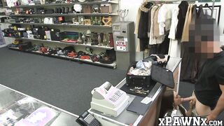 Brunette babe rides cock after spycam pawnshop deepthroat