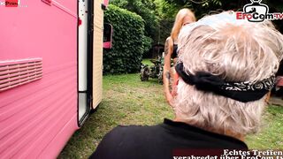 Slim German blone skank fucks outdoors