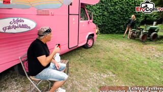 Slim German blone skank fucks outdoors