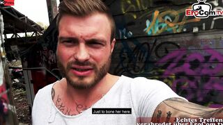 Tattooed German Cougar with long silicone titties got all her holes pounded public pov
