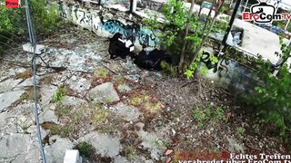 Tattooed German Cougar with long silicone titties got all her holes pounded public pov