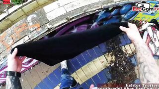 Tattooed German Cougar with long silicone titties got all her holes pounded public pov