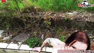 Tattooed German Cougar with long silicone titties got all her holes pounded public pov