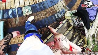 Tattooed German Cougar with long silicone titties got all her holes pounded public pov
