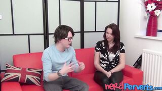 English redhead in hot pants pleasures nerd with fellatio