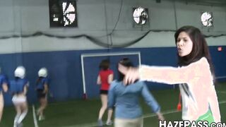 Frat girl dominates young lesbian chicks into hot foursome