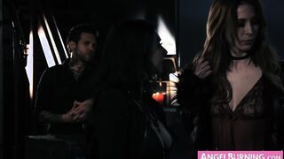 Submissive Goth bitches taking turns in riding stiff cock