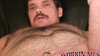 Deviant mature man plays with his big cock and shoots jizz