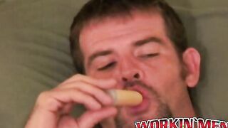 Handsome hairy dude plays with his dick and splooges solo