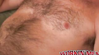 Handsome hairy dude plays with his dick and splooges solo