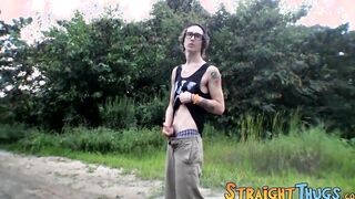 Outdoor pissing and masturbation with tattooed thug with glasses