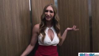 Busty coworkers strapon fuck in elevator