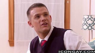 Muscular Theo pushes Brandon in the bed for hot anal sex