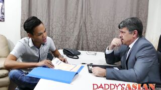 Asian twink and his older boss take turns for bareback sex